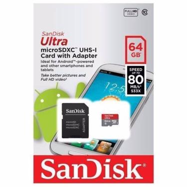 Imagem de Cartão Memória Micro Sd Ultra Sandisk 64gb 80mb/s Classe 10 clr p/ Celular J7 Metal Galaxy Samsung