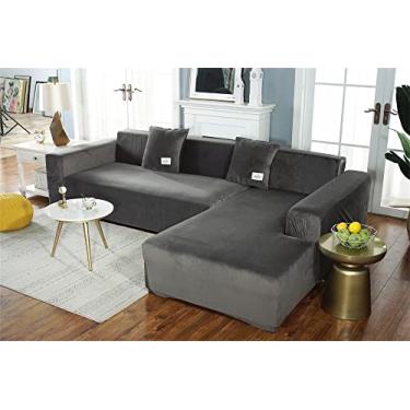 Imagem de Capa de Sofá em Forma de L - Seccional Super Espesso Para 1-4 Lugares, Protetor de Móveis de Veludo Elástico - Cinza 2 Lugares (145~185cm)