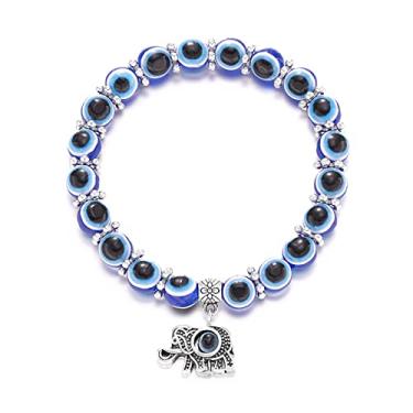 Imagem de YAHOM Pulseiras de olho azul turco, pulseira elástica com pingente de contas de olho, unissex, pulseira feita à mão com pingente – Coruja borboleta, elefante tartaruga, melhores decorações de presentes