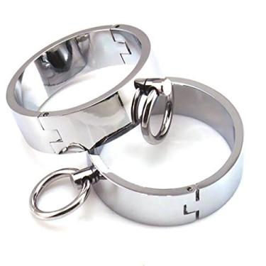 Imagem de HIPLAYGIRL Punhos de metal hardcore - Pulseira punk bloqueável, algemas simples com anel, um par, 2.36 inch - 6 cm, Metal