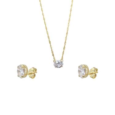 Imagem de Colar Corrente Feminina Folheada a Ouro 45cm Grumet e Brinco Zircônia Oval + Caixa de Luxo