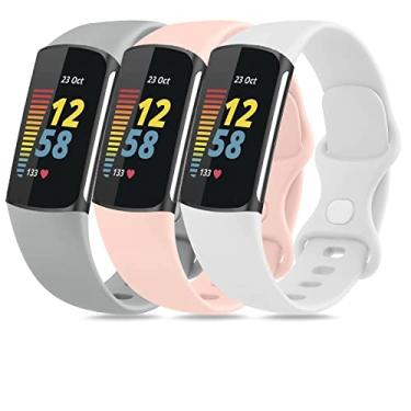 Imagem de [Pacote com 3] Bandas esportivas BNBIDEN compatíveis com Fitbit Charge 5 Bandas femininas masculinas, alça de pulso 5 com carga de silicone macia ajustável para Fitbit Charge 5 (Cinza+Rosa claro + Branco, Grande (18 a 23 cm))