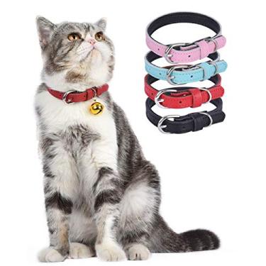 Imagem de Coleira de gato para animal de estimação Lumimi com 4 coleiras para filhotes de cachorro, comprimento ajustável de couro genuíno fácil de limpar durável e seguro, perfurador de sino e orifício incluído, multicolorido