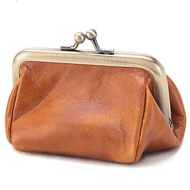 Imagem de ROUROU Bolsa clutch feminina de couro legítimo com trava de beijo retrô, porta-moedas, bolsa fofa, Marrom, L, Retrô