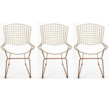 Imagem de Kit 3 Cadeiras Para Cozinha Bertoia Cobre Assento Branco - Poltronas D