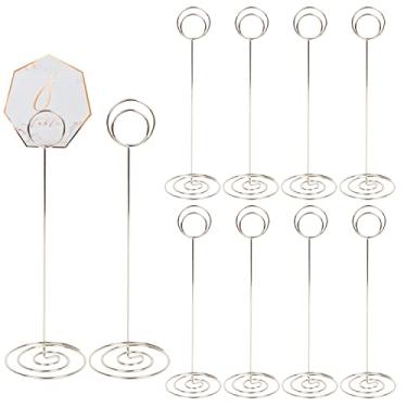 Imagem de KIMOBER 10 peças de suportes de número de mesa de 22 cm de altura, suporte de cartão redondo, suporte de notas de mesa, palhetas de foto, clipes de cartão para festa de aniversário de casamento (prata)