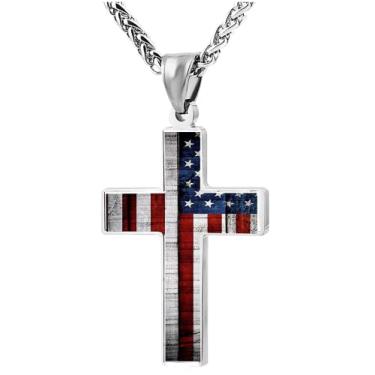 Imagem de Colar com pingente de cruz patriótica com bandeira americana joias religiosas para homens, 1.2 x 1.8 Inch, Aço inoxidável, Sem pedra preciosa