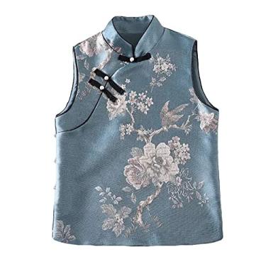 Imagem de Yajun Colete estilo chinês feminino retrô botão gola mandarim qipao tops sem mangas confortáveis elegantes cheongsam coletes, azul, 3GG (busto: 108cm)