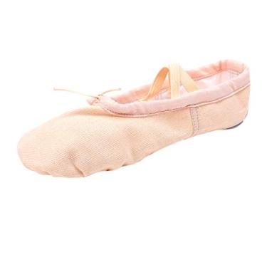 Imagem de Sapatilhas de balé para meninas com faixa elástica de dança, sapatilha de ginástica de lona, sola dividida, sapatos infantis para meninas, Bege, 9.5-10 anos