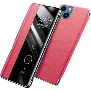 Imagem de TONECY Capa para iPhone 14/14 Plus/14 Pro/14 Pro Max, capa protetora de flip de couro premium de janela de visualização transparente, carregamento sem fio compatível (cor: vermelho, tamanho: 14Plus)
