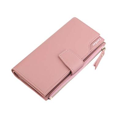 Imagem de Qwent Carteiras grandes para mulheres moda carteira com zíper bolsa carteira três dobras feminina longa bolsa clutch feminina localizador dispositivo carteira (rosa, tamanho único)