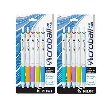 Imagem de Pilot Canetas esferográficas retráteis Acroball PureWhite com tinta avançada; ponta fina, tinta preta, turquesa/laranja/roxo/limão/detalhes azuis, 2 de cada (pacote com 10)