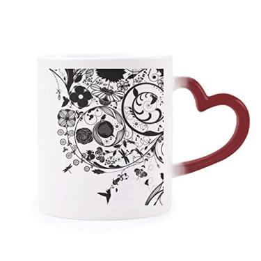 Imagem de Plantas de flores preto branco arte grão contorno sensível ao calor caneca vermelha mudança de cor grés copo