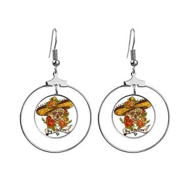 Imagem de Brincos Sombrero Suger Caveira do México Dia dos Mortos Pingente Joia Círculo Gota