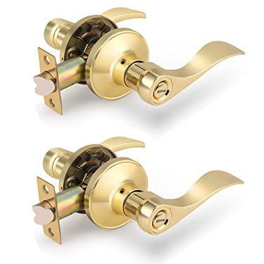 Imagem de Fechaduras de privacidade para quarto e banheiro com alavanca de queda em latão polido, placa de trava destacável, alavancas reversíveis para portas destros e canhotos, pacote com 2
