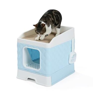 Imagem de Caixa de areia para gatos de tamanho grande com tábua de arranhar suprimentos para animais de estimação estilo gaveta fechada bandeja de banheiro para gatos com colher superior
