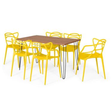 Imagem de Conjunto Mesa de Jantar Retangular Hairpin Natural 130x80cm com 6 Cadeiras Allegra - Amarelo
