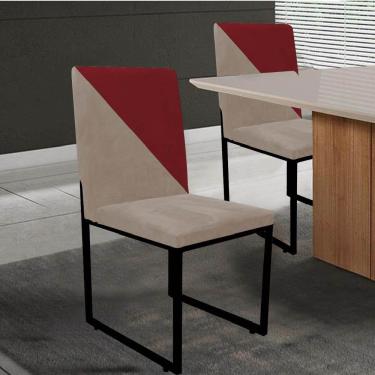 Imagem de Cadeira Office Stan Duo Sala De Jantar Industrial Ferro Preto Sintético Bege E Vermelho - Amey Decor