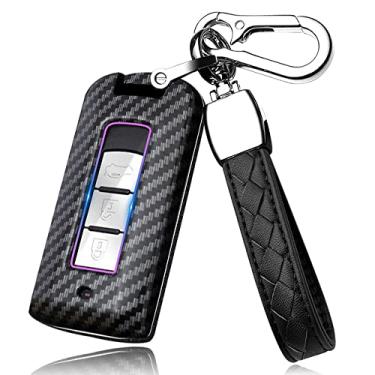 Imagem de HIBEYO Capa para chaveiro compatível com Mitsubishi Outlander Sport Eclipse Cross ASX Mirage RVR Lancer Fortis Ex Acessórios de carro ABS Smart Remote Auto Key Case com chaveiro (fibra corbon preta)