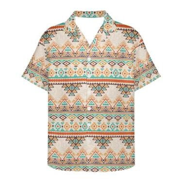 Imagem de Yewattles Blusa masculina de botão na moda, para negócios, elegante, macia, caimento moderno, manga curta, camisa para trabalho, Azteca tribal, M