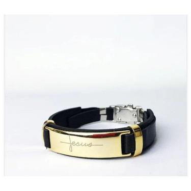 Imagem de Pulseira Bracelete Masculino Feminino Couro Sintético Ajustável Aço Inox Manuscrito Jesus Religiosa Dourado Preto