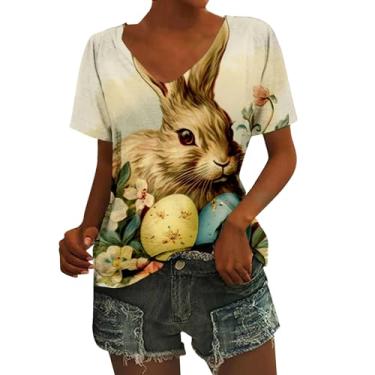 Imagem de PKDong Camisetas femininas de Páscoa, engraçadas, ovos fofos, estampa floral, Happy Easter Day, coelhinho, manga 2024, A02 Amarelo, XXG