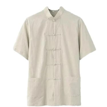 Imagem de Summer Tang Suit Camisa masculina casual linho elástico manga curta botão estilo chinês chá algodão e linho, Bege, P