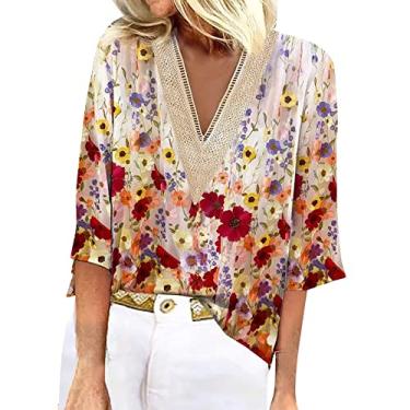 Imagem de Camisetas femininas de verão manga 3/4 com decote em V floral 2024, camisetas femininas casuais com acabamento em renda, blusas femininas elegantes e casuais, Cáqui 29, 3G