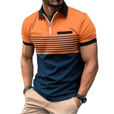 Imagem de ROOMLINE Camisa polo masculina 2024 manga curta casual camisa polo color block camisas de golfe slim fit com bolso, Listra azul laranja, G