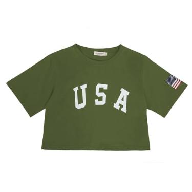 Imagem de Anna-Kaci Camiseta feminina com estampa de letras, manga curta, 4 de julho, bandeira dos EUA, Verde militar, GG