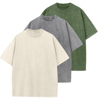 Imagem de Camisetas masculinas de algodão grandes unissex manga curta casual solta lavagem sólida básica, Bege + verde militar + cinza, G