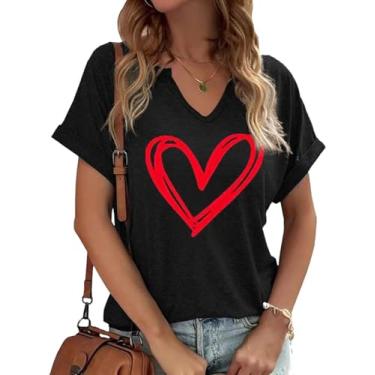 Imagem de Earlymemb Camiseta feminina com estampa de coração e decote em V para o dia dos namorados para casal, casual, de manga curta, para presente, B - preto, GG