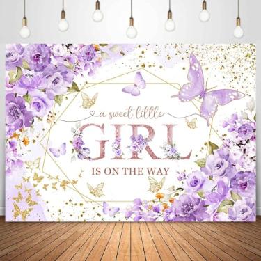 Imagem de Sensfun Fundo de chá de bebê borboleta A Sweet Little Girl is On The Way Fotografia Fundo Roxo Borboleta Floral Princesa Decorações de Chá de Bebê Banner Suprimentos de Festa Adereços para sessão de