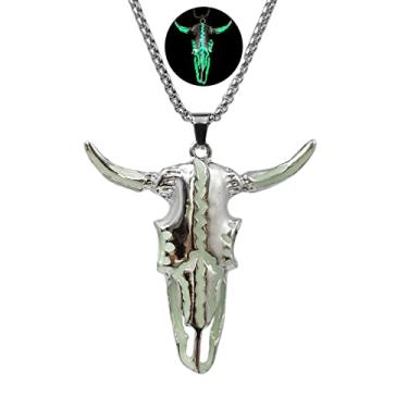 Imagem de Colar ocidental luminoso boi touro caveira cabeça chifre colar para mulheres e homens joias, Aço inoxidável, Sem Pedra Preciosa