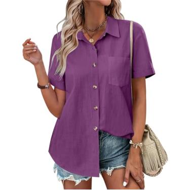 Imagem de Zeagoo Camisetas femininas com botões coloridas, manga curta, algodão, linho, blusas casuais de verão, Roxa, P
