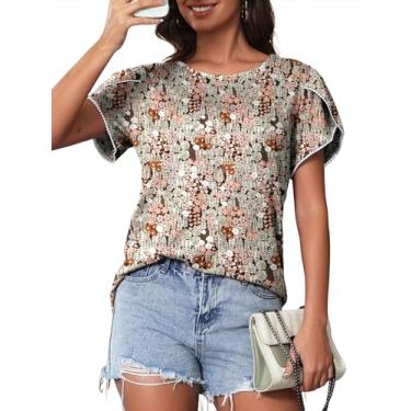 Imagem de Bellcoco Camisetas femininas de verão casual gola redonda blusa de renda crochê manga curta linda estampa floral túnica solta tops, Café floral, M