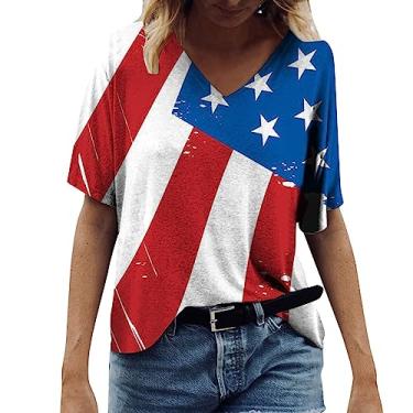 Imagem de Camiseta feminina Independent Day listrada bandeira dos EUA 4 de julho camiseta gola V manga curta roupas, Azul, P
