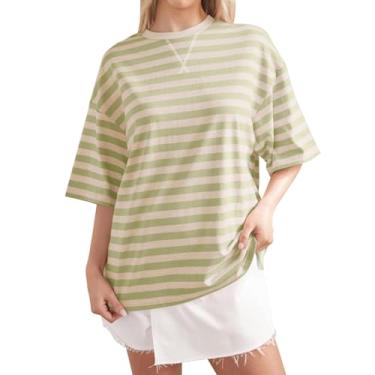Imagem de Camiseta feminina listrada color block para praia plus size gola redonda básica casual verão, 011 - amarelo, GG