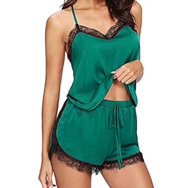 Imagem de Aniywn Lingerie feminina de cetim, conjunto de pijama sexy, conjunto de pijama feminino, conjunto de pijama curto com shorts, A5 - verde, G