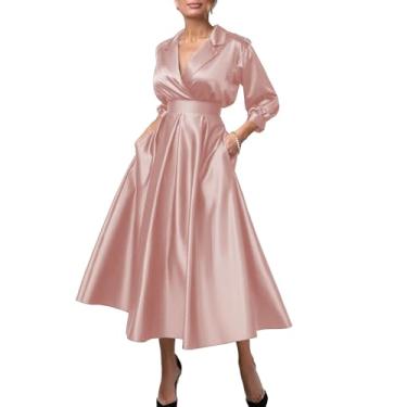 Imagem de Vestidos de coquetel evasê Vestido elegante para convidados de casamento anos 50 vintage vestido de festa comprimento chá camisa colarinho cetim com pregas 2024, Rosa empoeirada, 19 Plus Size