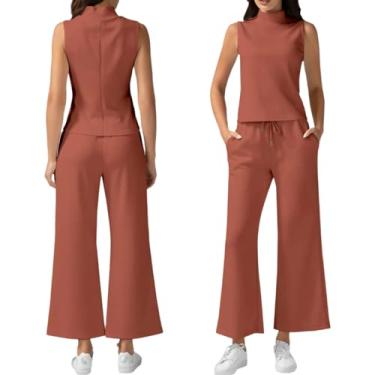 Imagem de Conjunto de 2 peças de verão para mulheres, conjunto de lounge de verão 2024 | Conjunto de calça cropped de perna larga sem mangas com gola redonda, Laranja, vermelho, Medium