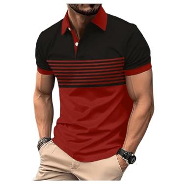 Imagem de SOLY HUX Camisa polo masculina de golfe manga curta gola tênis camiseta listrada colorida, Vermelho e preto., GG