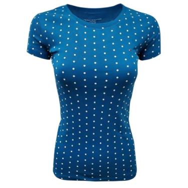 Imagem de Tommy Hilfiger Camisetas Femininas de Gola Redonda com Bolinhas, Azul, P