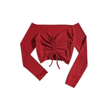 Imagem de SHENHE Camiseta feminina de manga comprida franzida com cordão e ombro de fora, Vermelho, M