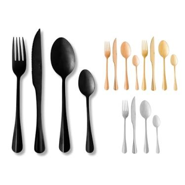Imagem de Jogo De Talheres Faqueiro 24 Peças De Aço Inox Luxuoso Mesa Posta Dourado Preto Prata Rose Colher Garfo Faca Churrasco Cozinha Presente Casamento (Dourado) (PRETO)