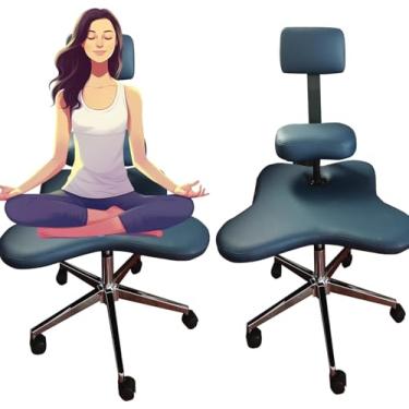 Imagem de Cadeira de escritório ergonômica ajoelhada com pernas cruzadas e rodas, banco de meditação ajustável sem braços, assento de mesa para adultos para sentar com pernas cruzadas, azul