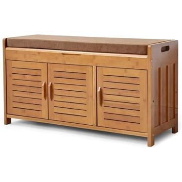 Imagem de Armário para sapatos de bambu, banco de armazenamento de sapatos de 2 camadas com almofada de assento e compartimento oculto LIFFMallJC, grande, grande