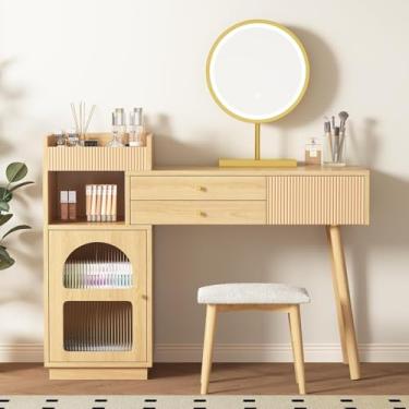 Imagem de Penteadeira, conjunto de penteadeira, com espelho LED e iluminação em 3 cores, penteadeira de madeira com 3 gavetas e armário lateral para quarto estúdio (sem banco)