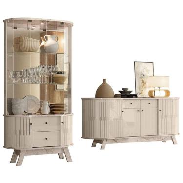 Imagem de Aparador para Sala Buffet Mônaco e Cristaleira Moss Calacata Off White - Madetec