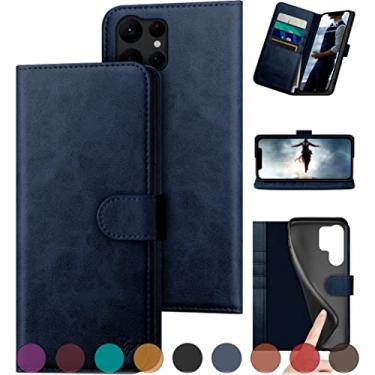Imagem de DuckSky Capa carteira de couro ultra genuíno para Samsung Galaxy S23 【Bloqueio RFID】【Suporte para 4 cartões de crédito】【Couro real】 Capa flip Folio Book Capa protetora para telefone mulheres homens para S23Ultra capa azul escuro